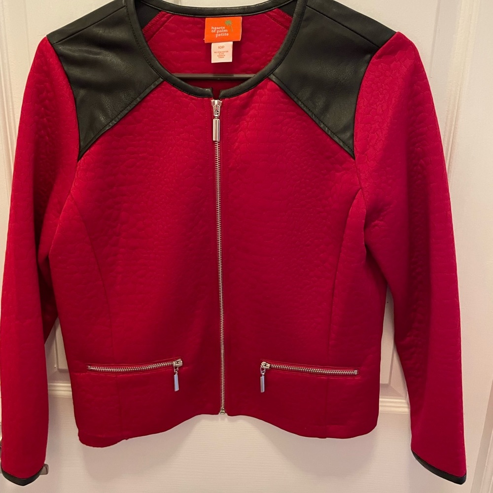 Beautiful shirt/jacket for the holidays. Red with black trim.